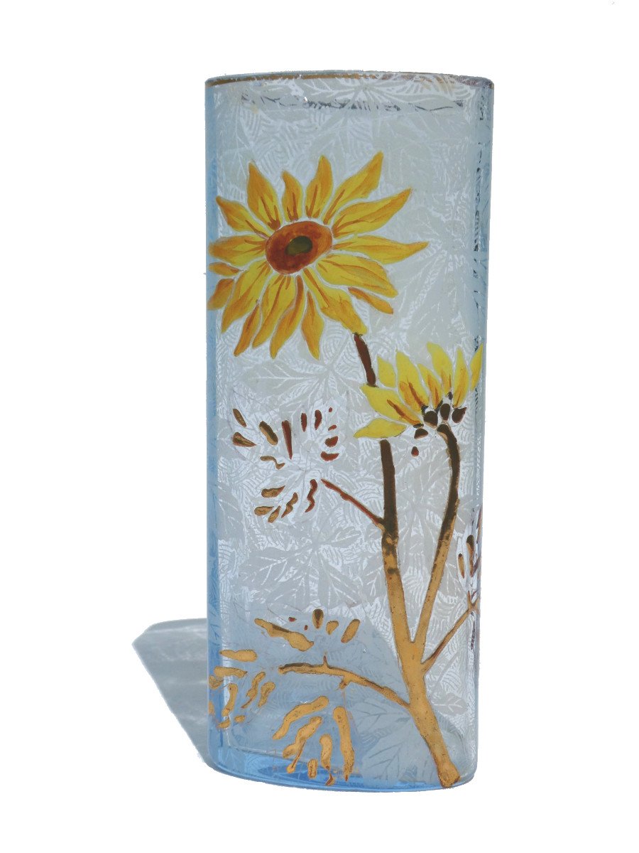 Pair Of Enameled Glass Vases, Legras Model Saint Martin, Art Nouveau, Montjoye, Dahlia-photo-2