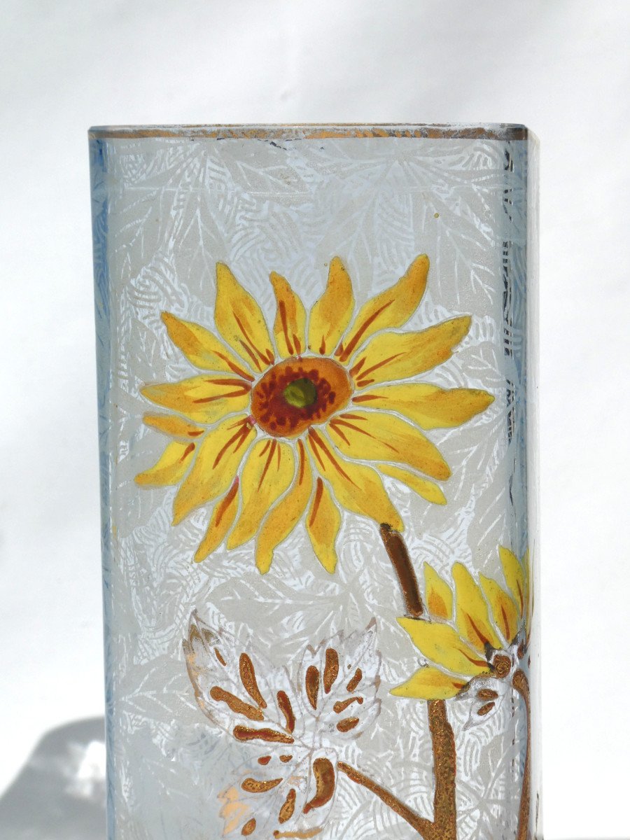 Pair Of Enameled Glass Vases, Legras Model Saint Martin, Art Nouveau, Montjoye, Dahlia-photo-1