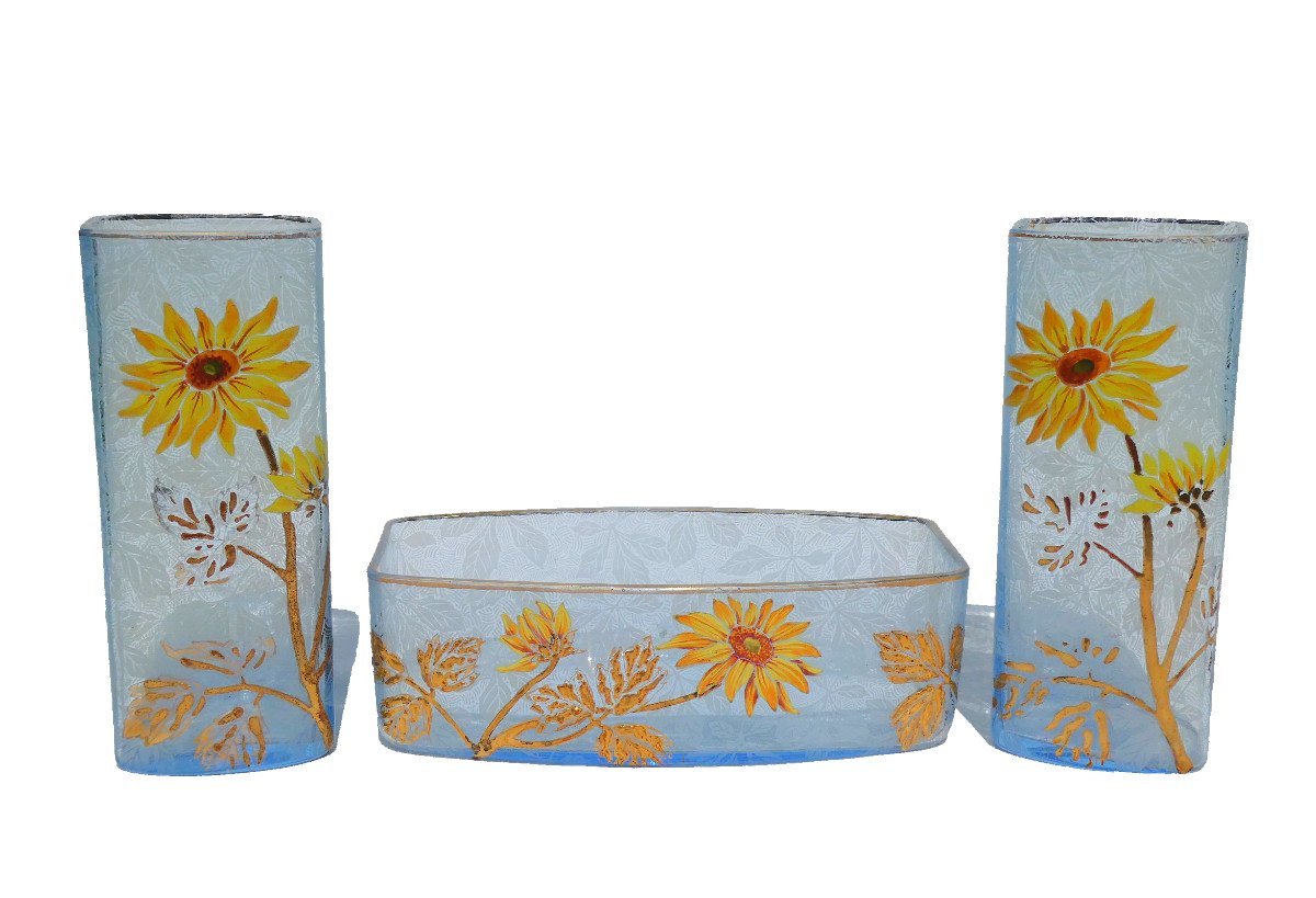 Pair Of Enameled Glass Vases, Legras Model Saint Martin, Art Nouveau, Montjoye, Dahlia-photo-6