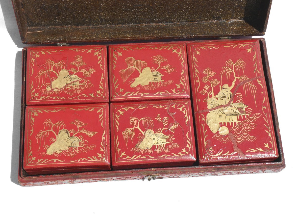 Red Lacquer Box 18th Century Style Token Box, Quadrille Game, Asian Decor-photo-1