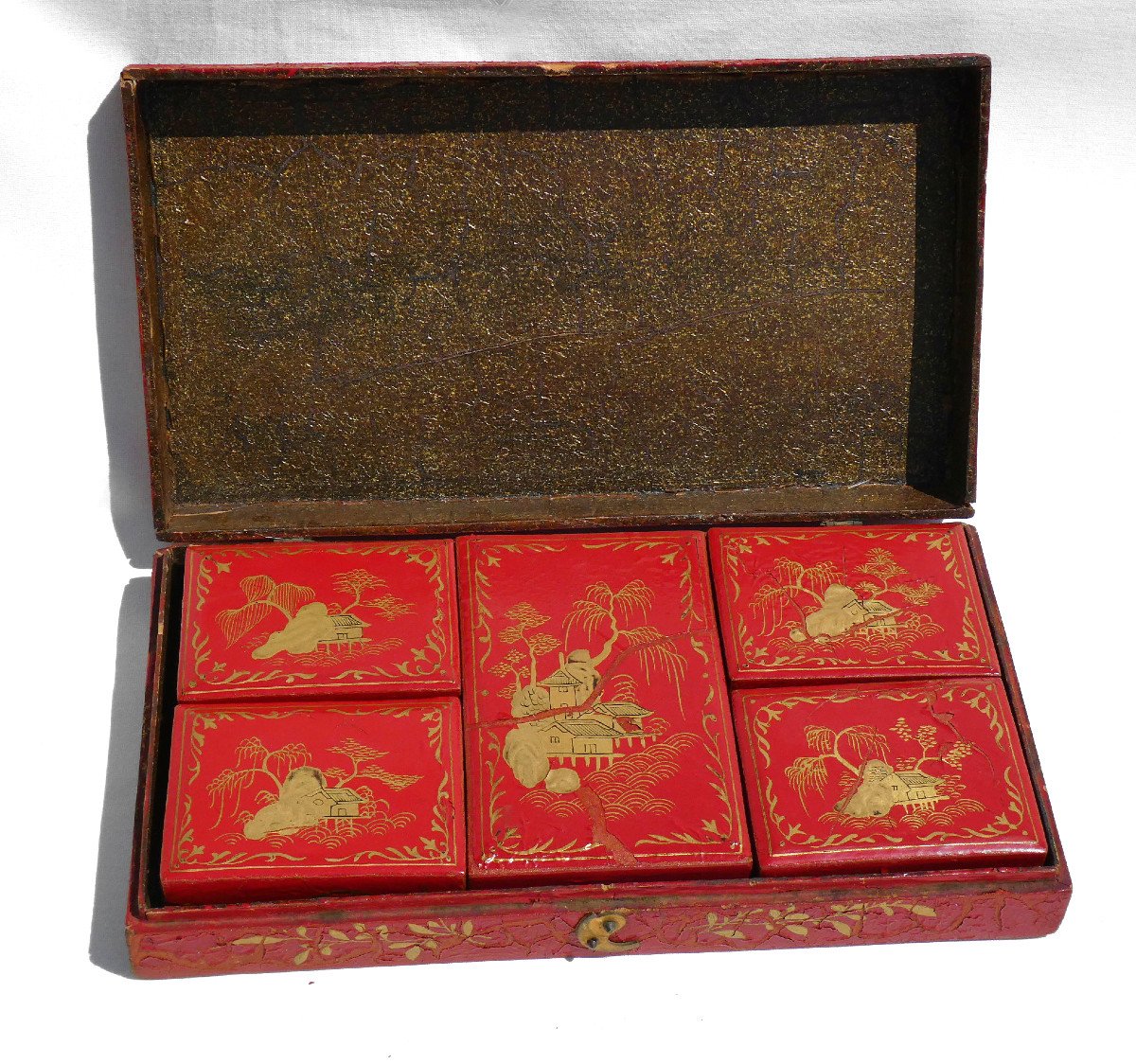 Red Lacquer Box 18th Century Style Token Box, Quadrille Game, Asian Decor-photo-6