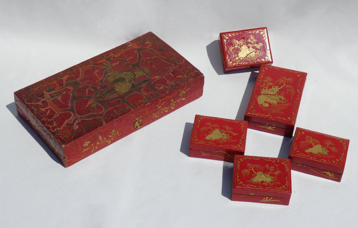 Red Lacquer Box 18th Century Style Token Box, Quadrille Game, Asian Decor