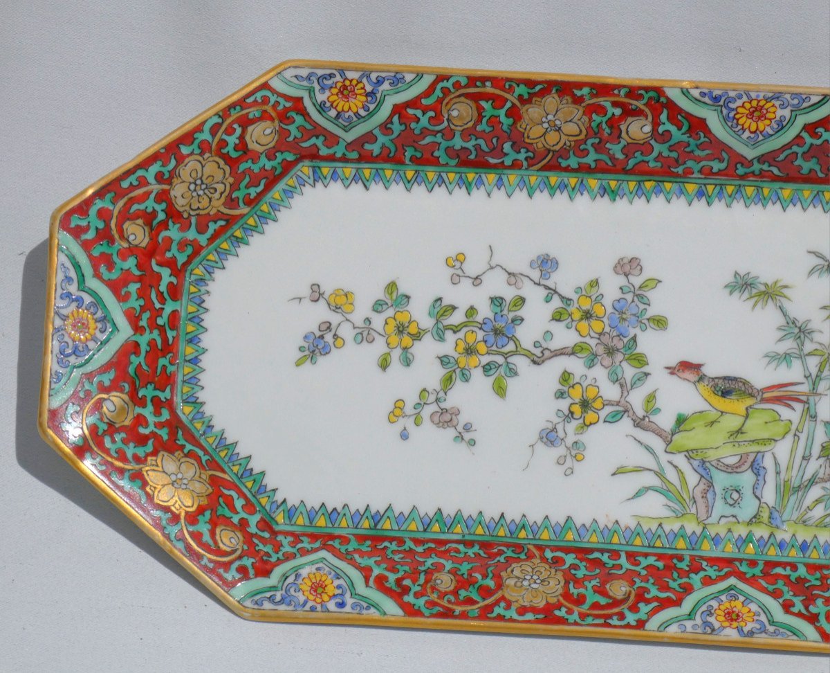 Large Samson Porcelain Cake Dish, Chinese Porcelain Style, Bird Decor 1900-photo-1