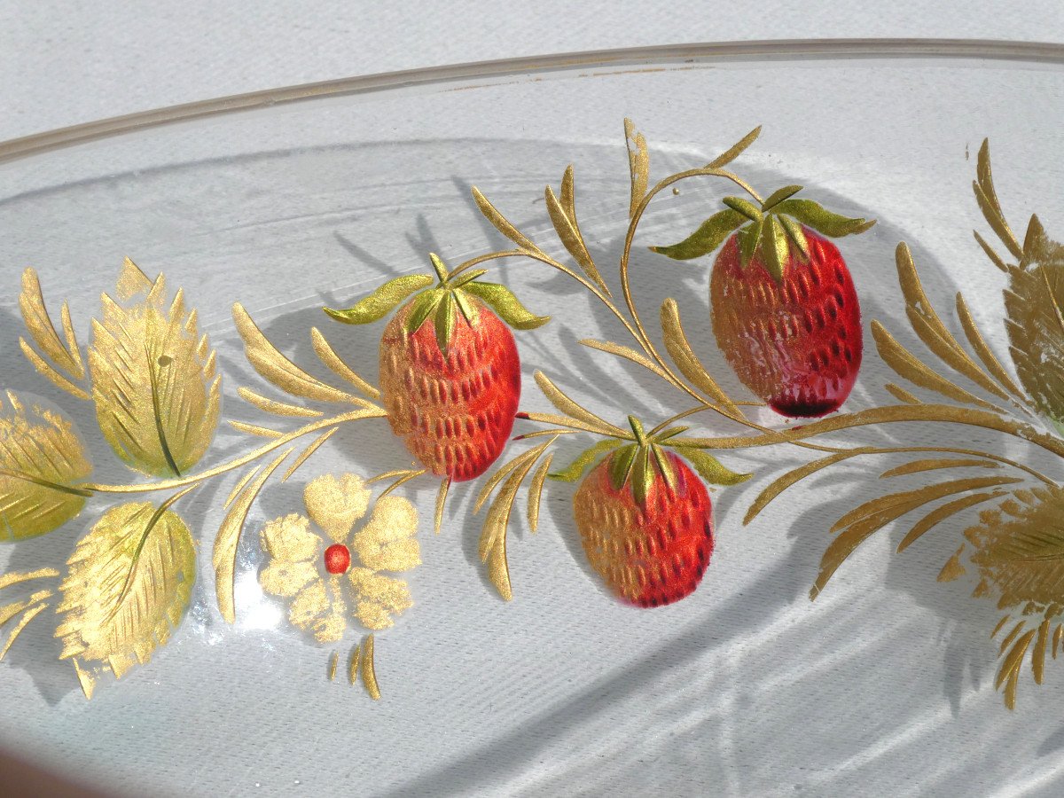 Saladier En Cristal Gravé à Décor De Fraises , Epoque 1900 , Style Art Nouveau , Baccarat-photo-2