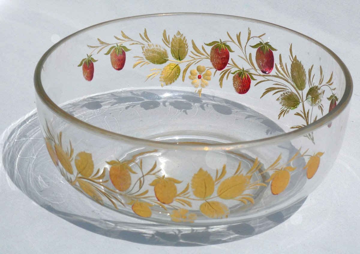 Saladier En Cristal Gravé à Décor De Fraises , Epoque 1900 , Style Art Nouveau , Baccarat-photo-3