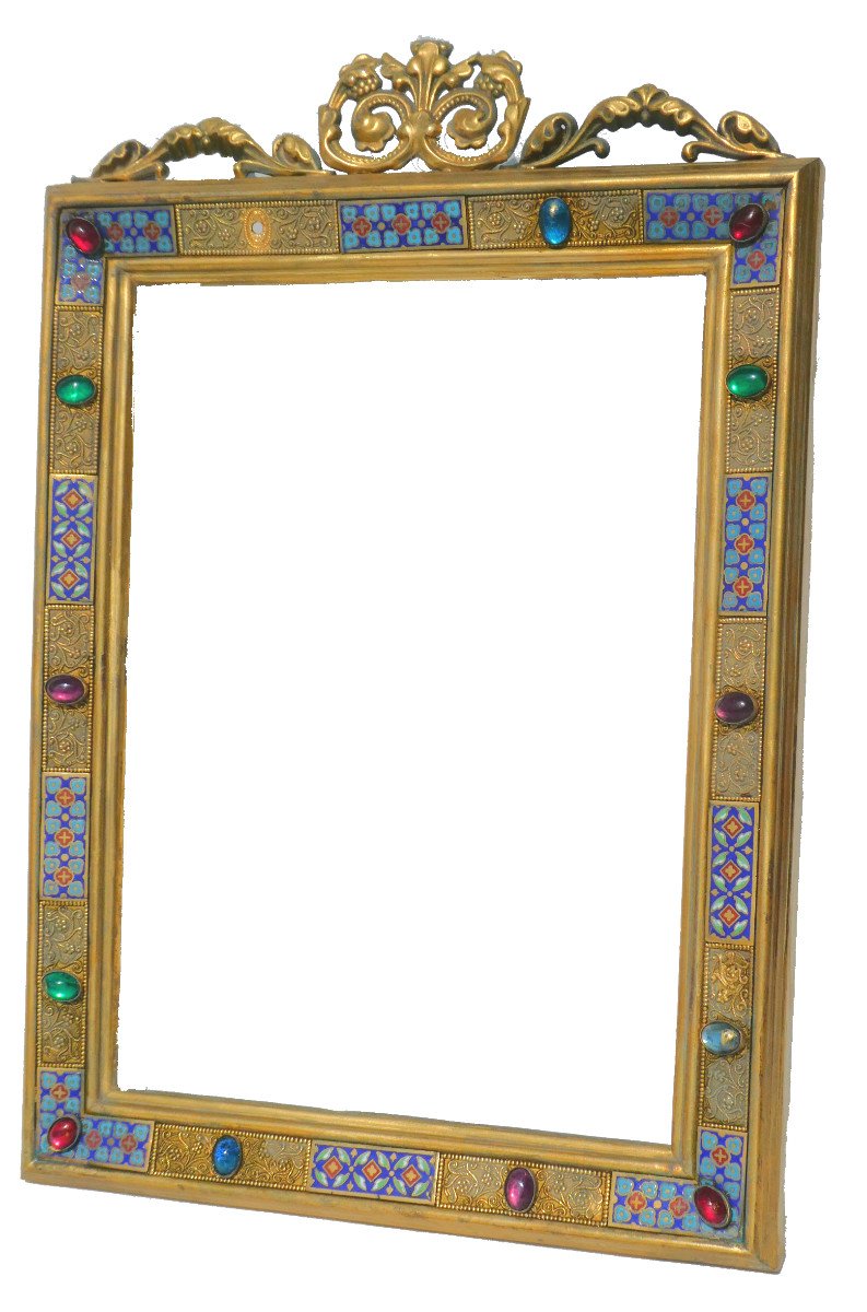 Large Frame / Neo Gothic Style Frame, Enamels & Gilded Bronze, Napoleon III, Sulfide XIX-photo-2