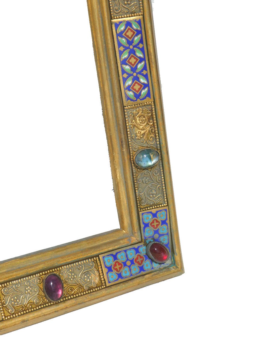 Large Frame / Neo Gothic Style Frame, Enamels & Gilded Bronze, Napoleon III, Sulfide XIX-photo-1