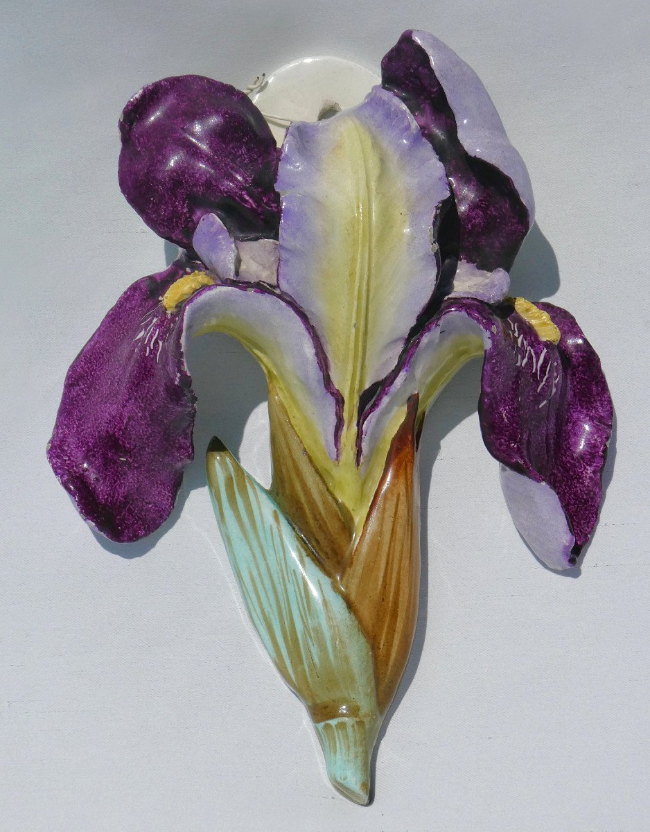 Art Nouveau Barbotine Bouquetiere, Delphin Massier In Vallauris, Iris Decor, 19th Century Vase-photo-2