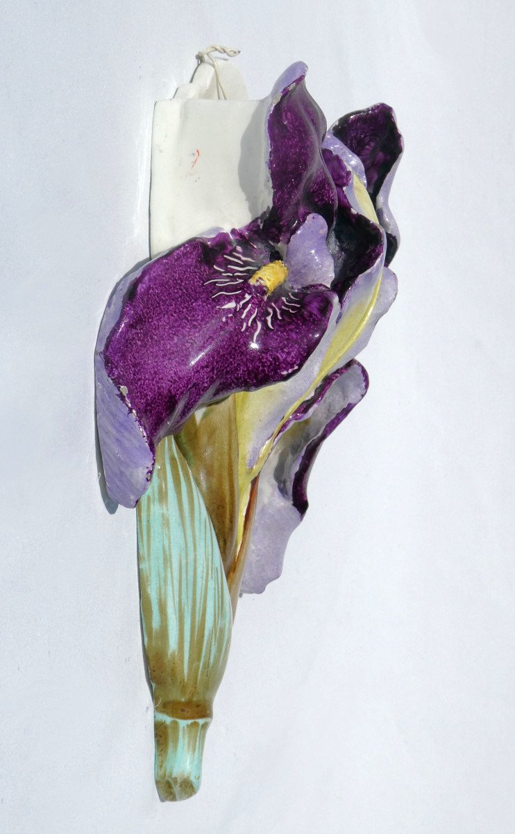 Art Nouveau Barbotine Bouquetiere, Delphin Massier In Vallauris, Iris Decor, 19th Century Vase-photo-3