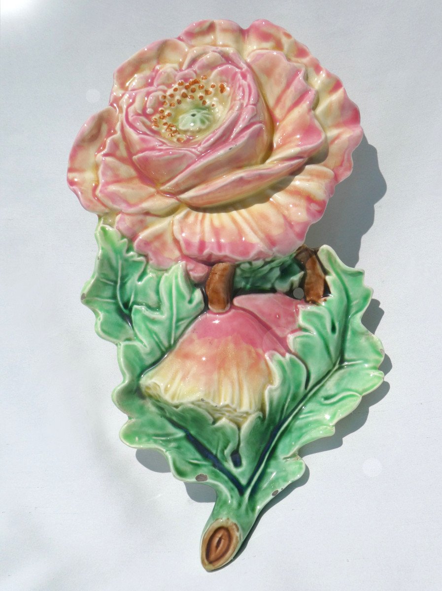 Bouquetiere Murale En Barbotine , Majolica Art Nouveau , Vers 1900 , Fives Debruyn Lille Vase