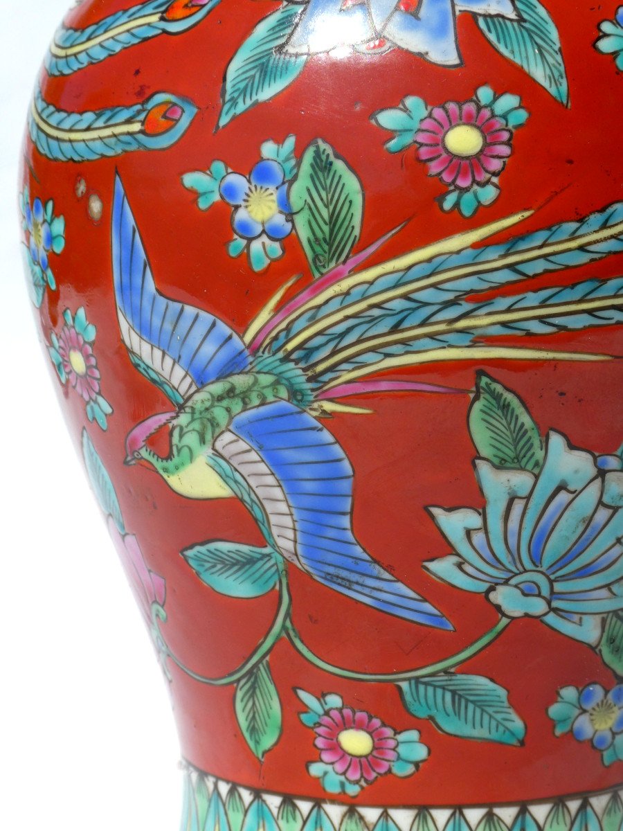 Large Porcelain Table Lamp In China Style, Branchy Birds, Fourmaintraux Desvres 1930-photo-2