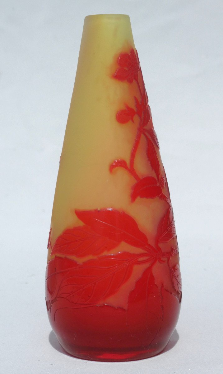 Vase Soliflore Signé d'Emile Gallé Verre Degagé à l'Acide , Art Nouveau , Coloris Rouge & Jaune-photo-2