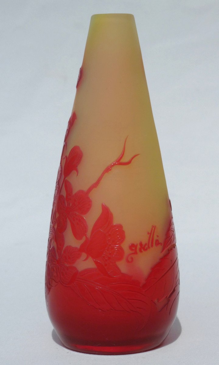 Vase Soliflore Signé d'Emile Gallé Verre Degagé à l'Acide , Art Nouveau , Coloris Rouge & Jaune-photo-3