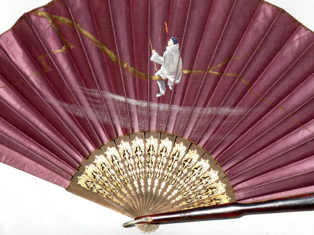 1890s Fan, Belle Epoque, Pierrot Decor, 19th Century, Oil On Wine-coloured Silk-photo-2