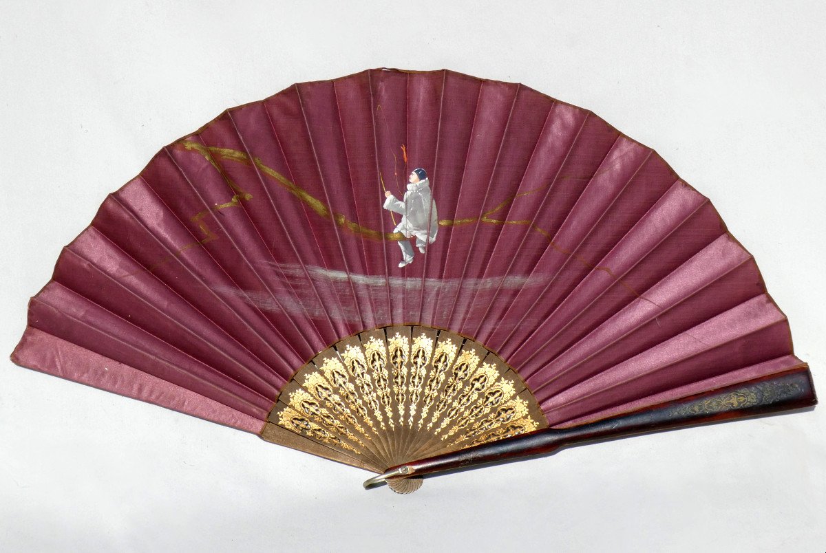 1890s Fan, Belle Epoque, Pierrot Decor, 19th Century, Oil On Wine-coloured Silk