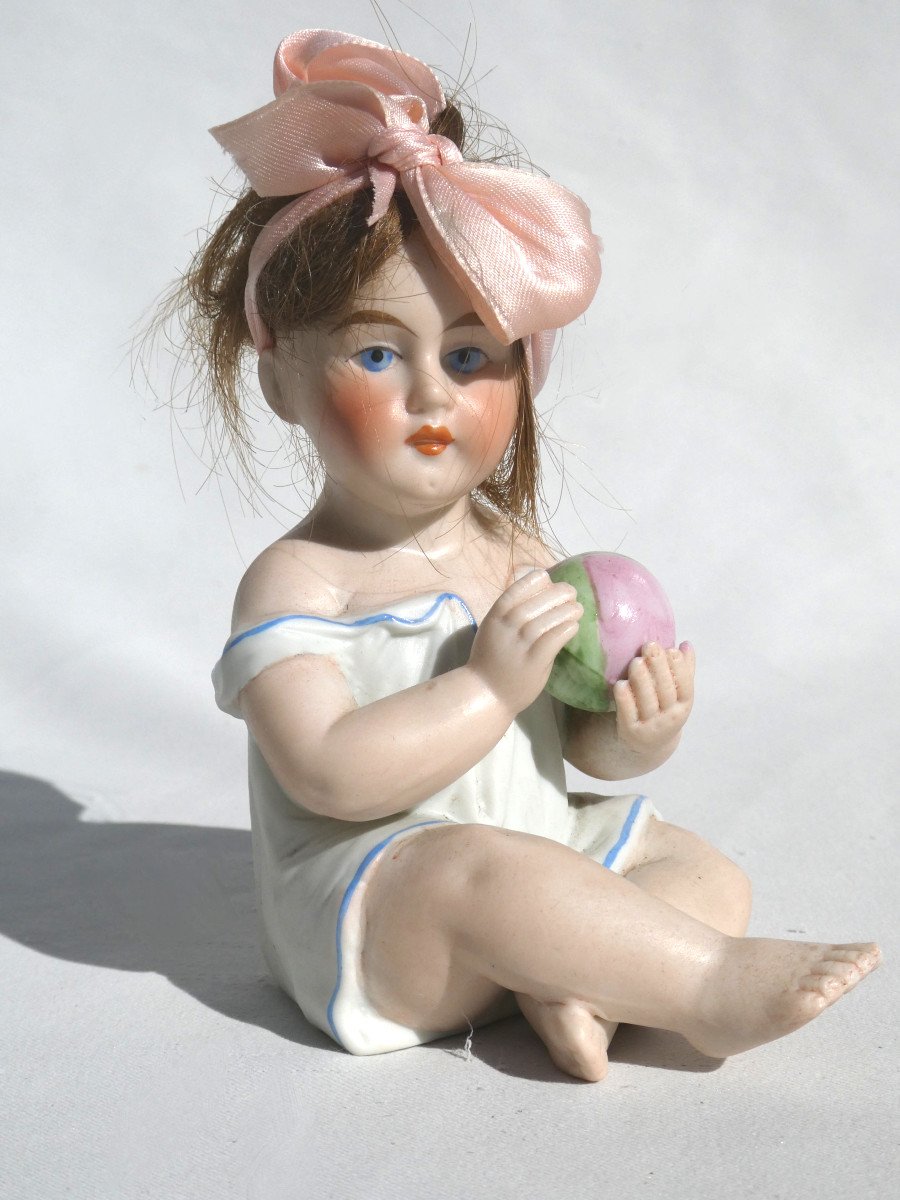 Polychrome Biscuit Piano Baby, Heubach, 19th Century Child With Ball, Doll -photo-3