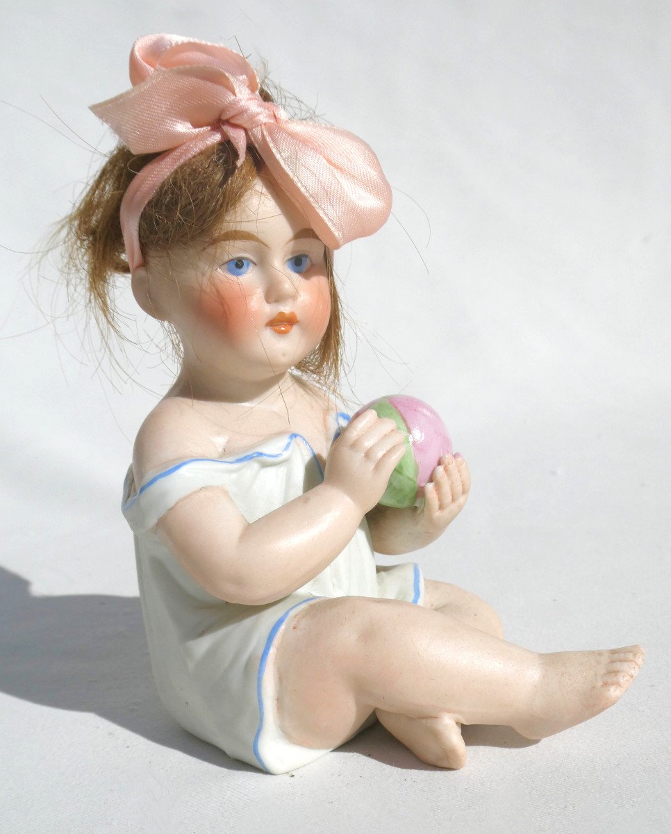 Polychrome Biscuit Piano Baby, Heubach, 19th Century Child With Ball, Doll 