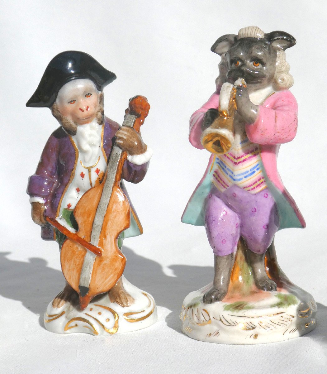 Sujets En Porcelaine De Saxe , Animaux Musiciens , Orchestre , Chien , Singe Style XVIIIe -photo-3