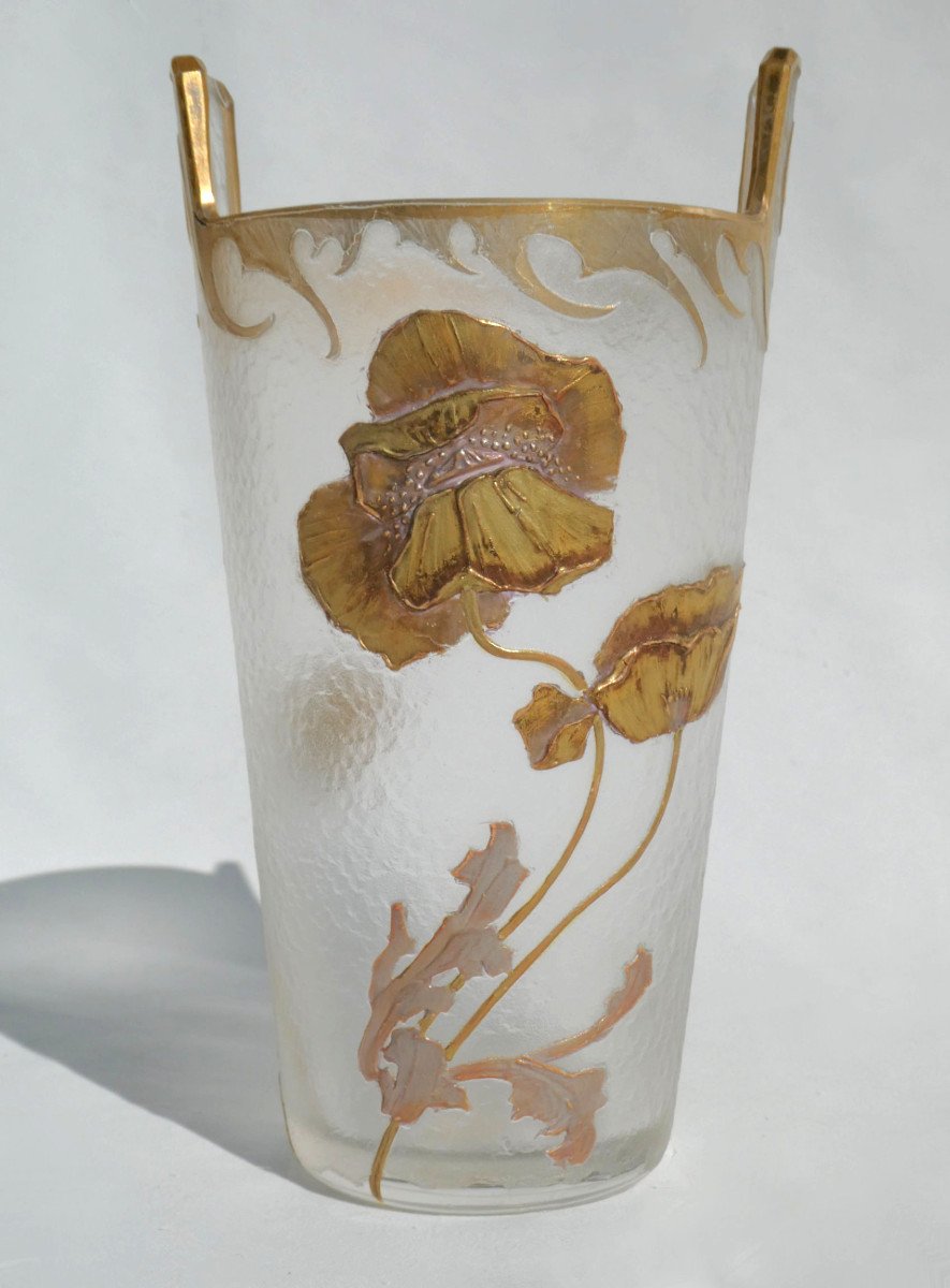 Vase Epoque Art Nouveau , Montjoye Legras Saint Denis , Verre Emaillé Degagé à l'Acide XIXe , 