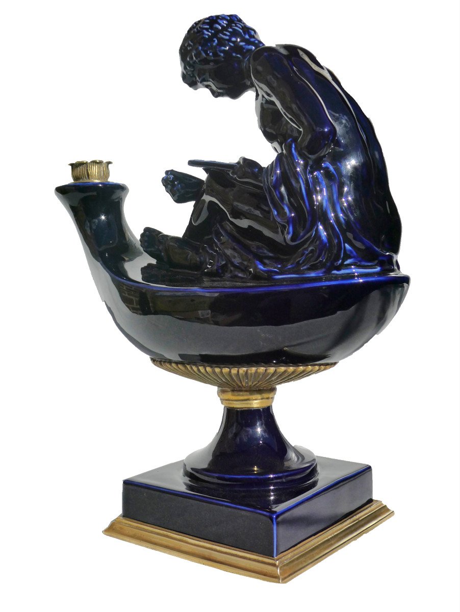 After Thomire, Large Cobalt Blue Porcelain Candlestick / Oil Lamp, 19th Century Empire Style-photo-3