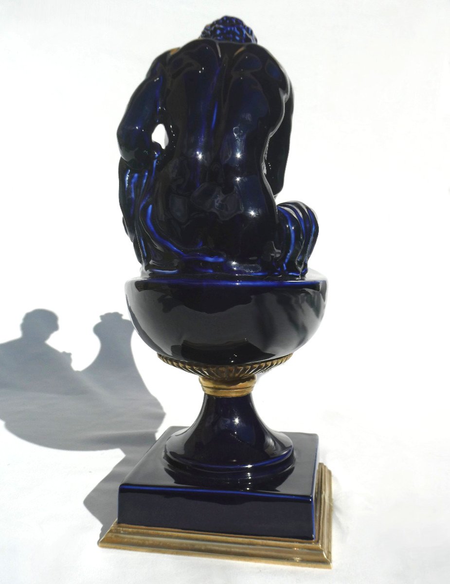 After Thomire, Large Cobalt Blue Porcelain Candlestick / Oil Lamp, 19th Century Empire Style-photo-2