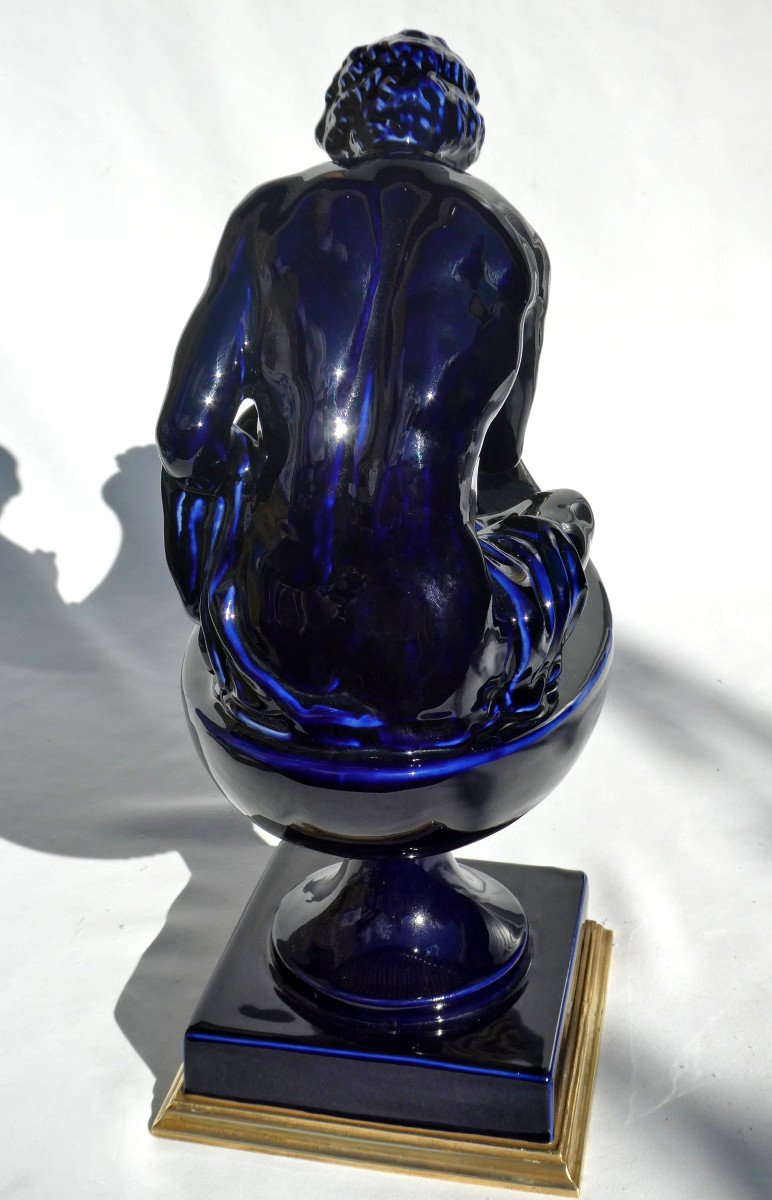 After Thomire, Large Cobalt Blue Porcelain Candlestick / Oil Lamp, 19th Century Empire Style-photo-3