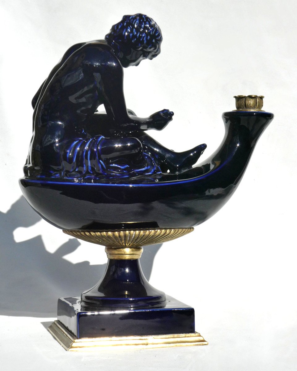 After Thomire, Large Cobalt Blue Porcelain Candlestick / Oil Lamp, 19th Century Empire Style-photo-4