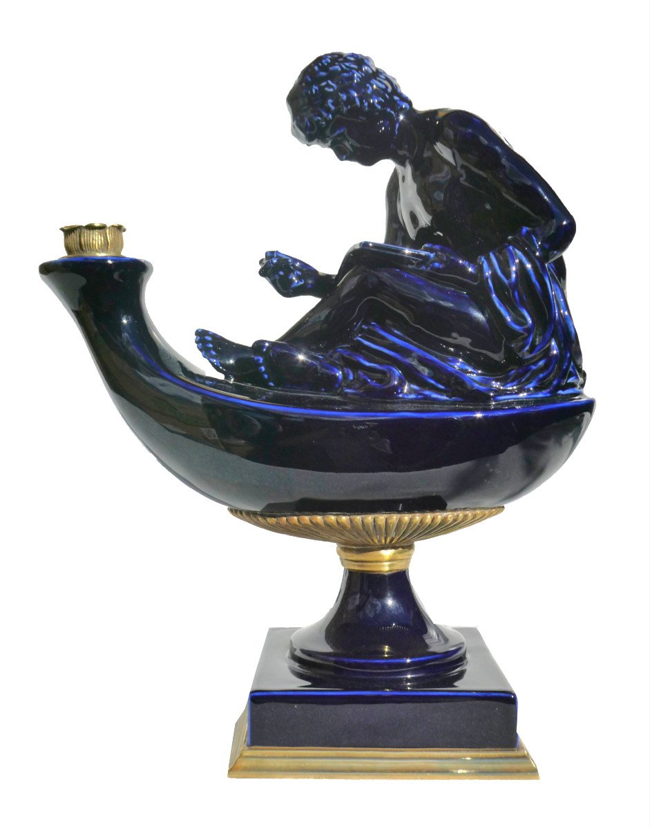 After Thomire, Large Cobalt Blue Porcelain Candlestick / Oil Lamp, 19th Century Empire Style