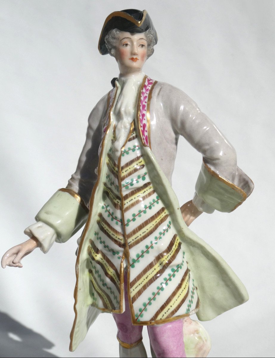 German Porcelain Subject, Meissen Style, 19th Century, Elegant Louis XV Marquis-photo-3