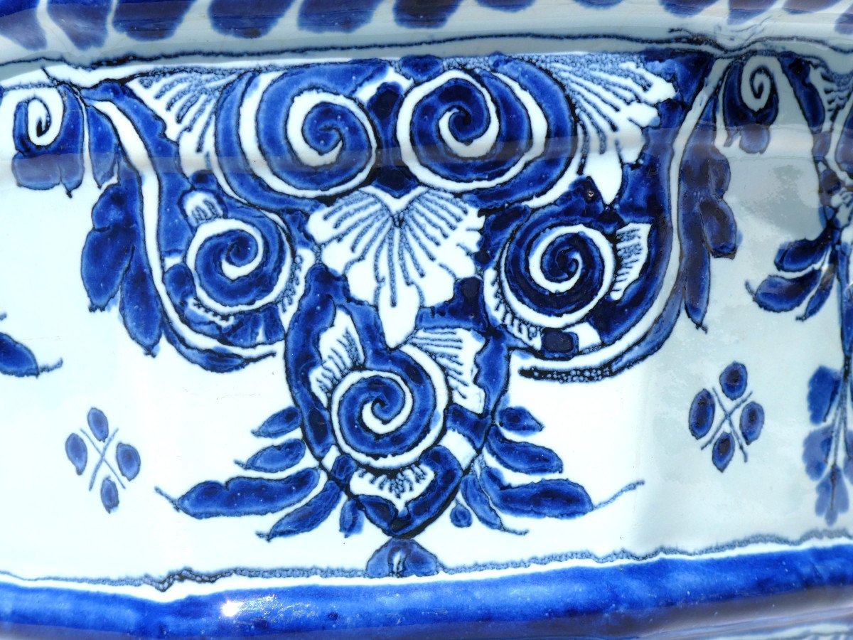 Medicis Planter / Vase In Lille Earthenware, 18th Century, Orange Tree Tub, Shades Of Blue, Red-photo-3