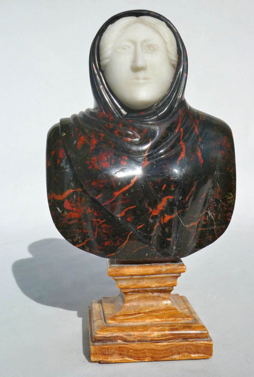 Bust Of A Young Woman, Souvenir Of The Grand Tour, Marquetry Of Hard Stones, Marbles, 19th Century Antique-photo-2