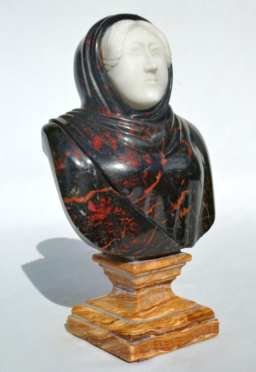 Bust Of A Young Woman, Souvenir Of The Grand Tour, Marquetry Of Hard Stones, Marbles, 19th Century Antique-photo-3