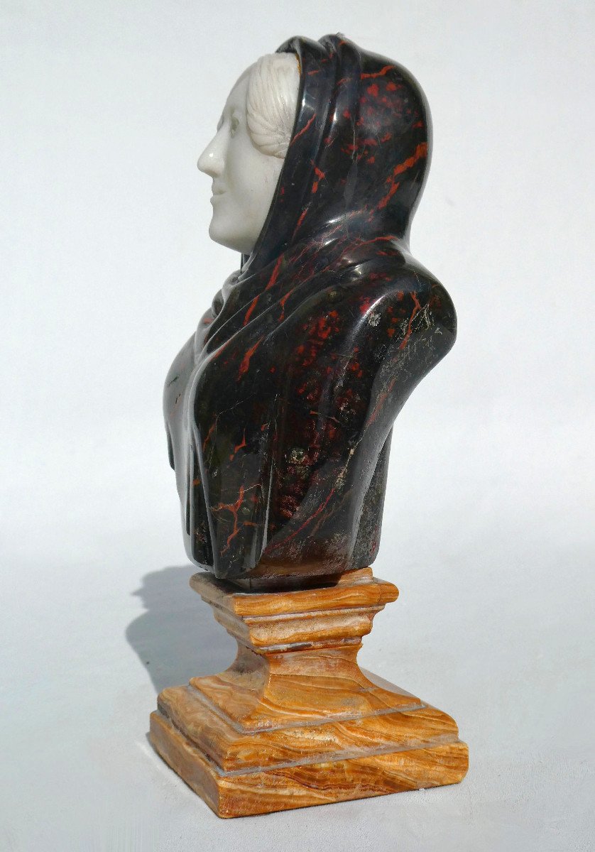 Bust Of A Young Woman, Souvenir Of The Grand Tour, Marquetry Of Hard Stones, Marbles, 19th Century Antique-photo-4