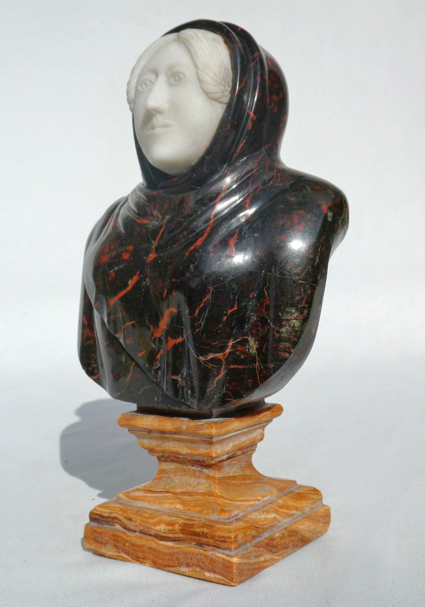 Bust Of A Young Woman, Souvenir Of The Grand Tour, Marquetry Of Hard Stones, Marbles, 19th Century Antique-photo-4