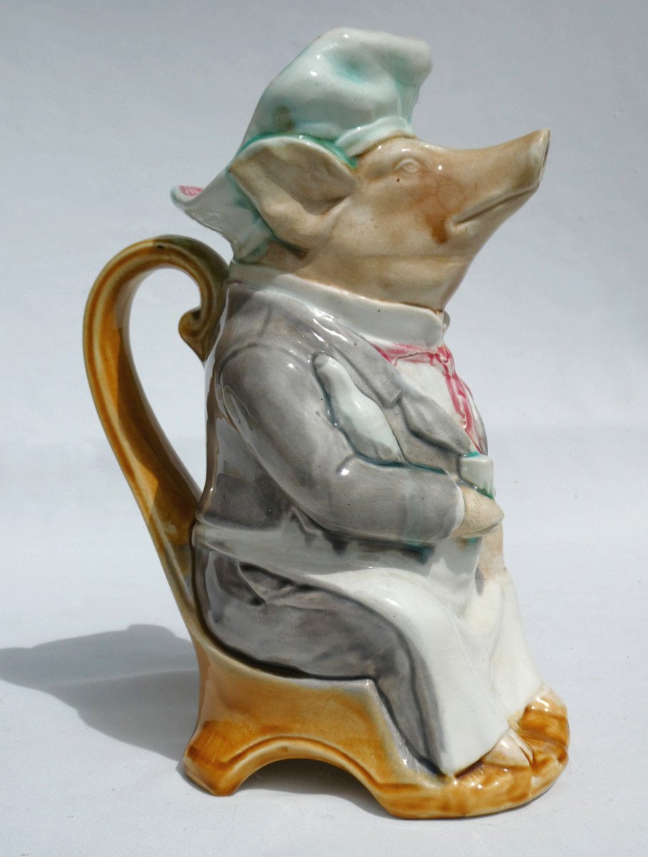 19th Century Barbotine Pitcher, Pig, Le Maitre d'Hotel, Onnaing Earthenware Factory, 1900 Broc -photo-4