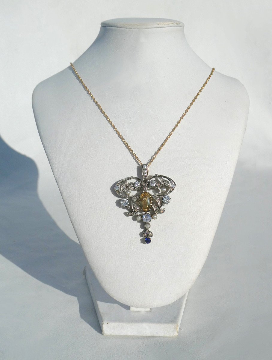 Medaillon Trembleur / Pendentif Art Nouveau Or & Argent , Diamants & Saphir XIXe Bijou Perles-photo-2