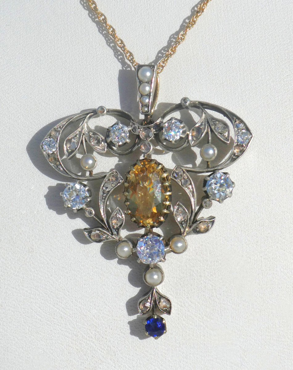 Medaillon Trembleur / Pendentif Art Nouveau Or & Argent , Diamants & Saphir XIXe Bijou Perles-photo-3