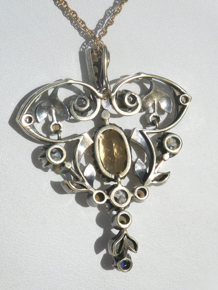 Medaillon Trembleur / Pendentif Art Nouveau Or & Argent , Diamants & Saphir XIXe Bijou Perles-photo-1