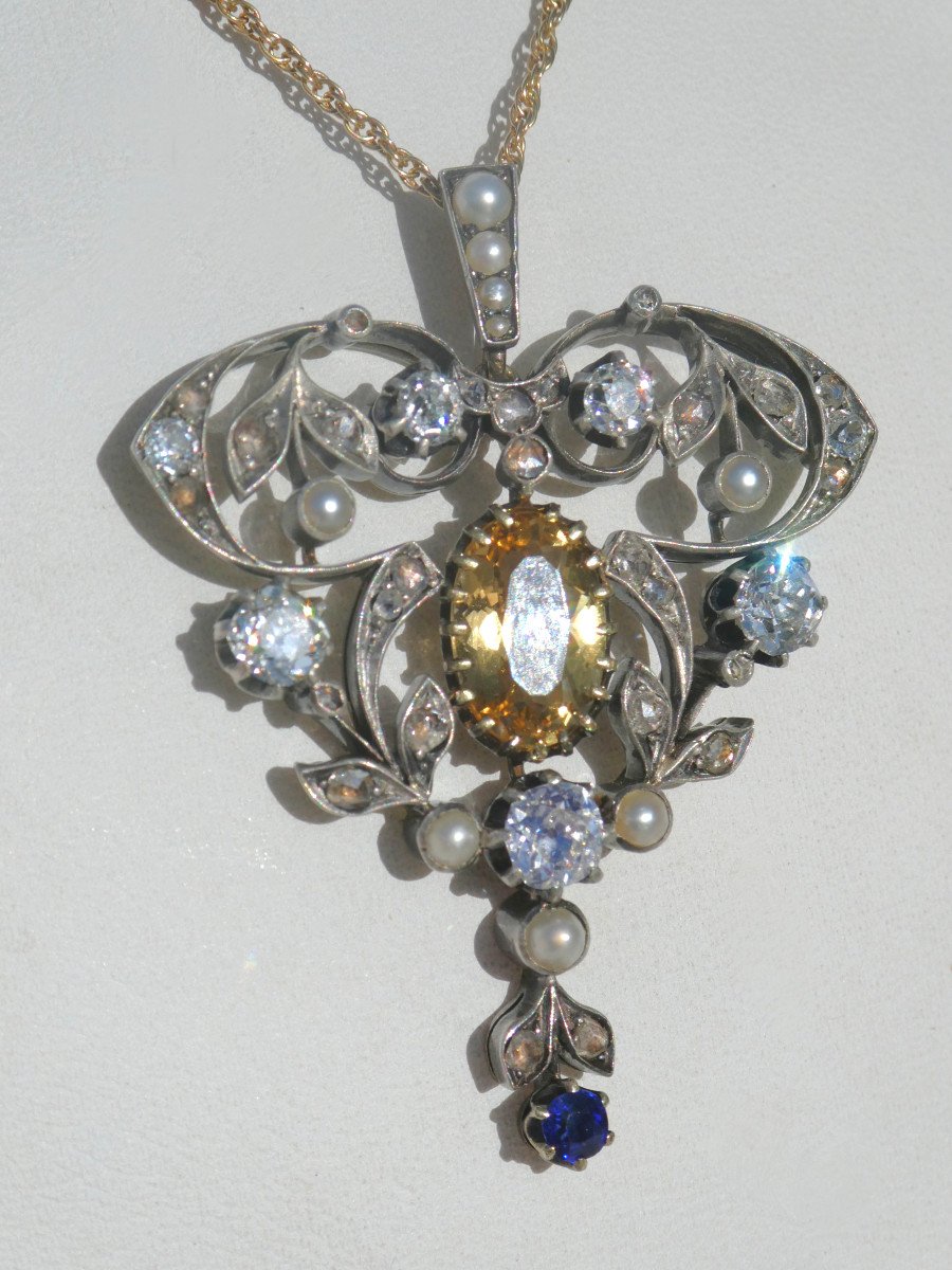 Medaillon Trembleur / Pendentif Art Nouveau Or & Argent , Diamants & Saphir XIXe Bijou Perles-photo-2