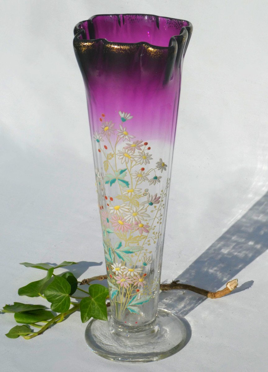 Large Cornet Vase In Enameled Glass, Theodore Legras, Amethyst, Art Nouveau Period 1900 19th Century-photo-1