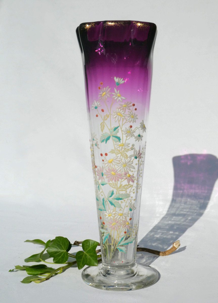 Large Cornet Vase In Enameled Glass, Theodore Legras, Amethyst, Art Nouveau Period 1900 19th Century