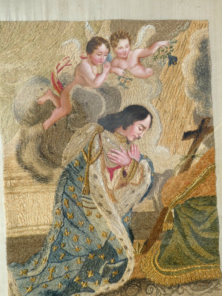 Large Silk Embroidery, Needle Painting, Napoleon III Period, Gouache, Saint Louis 19th Century-photo-2