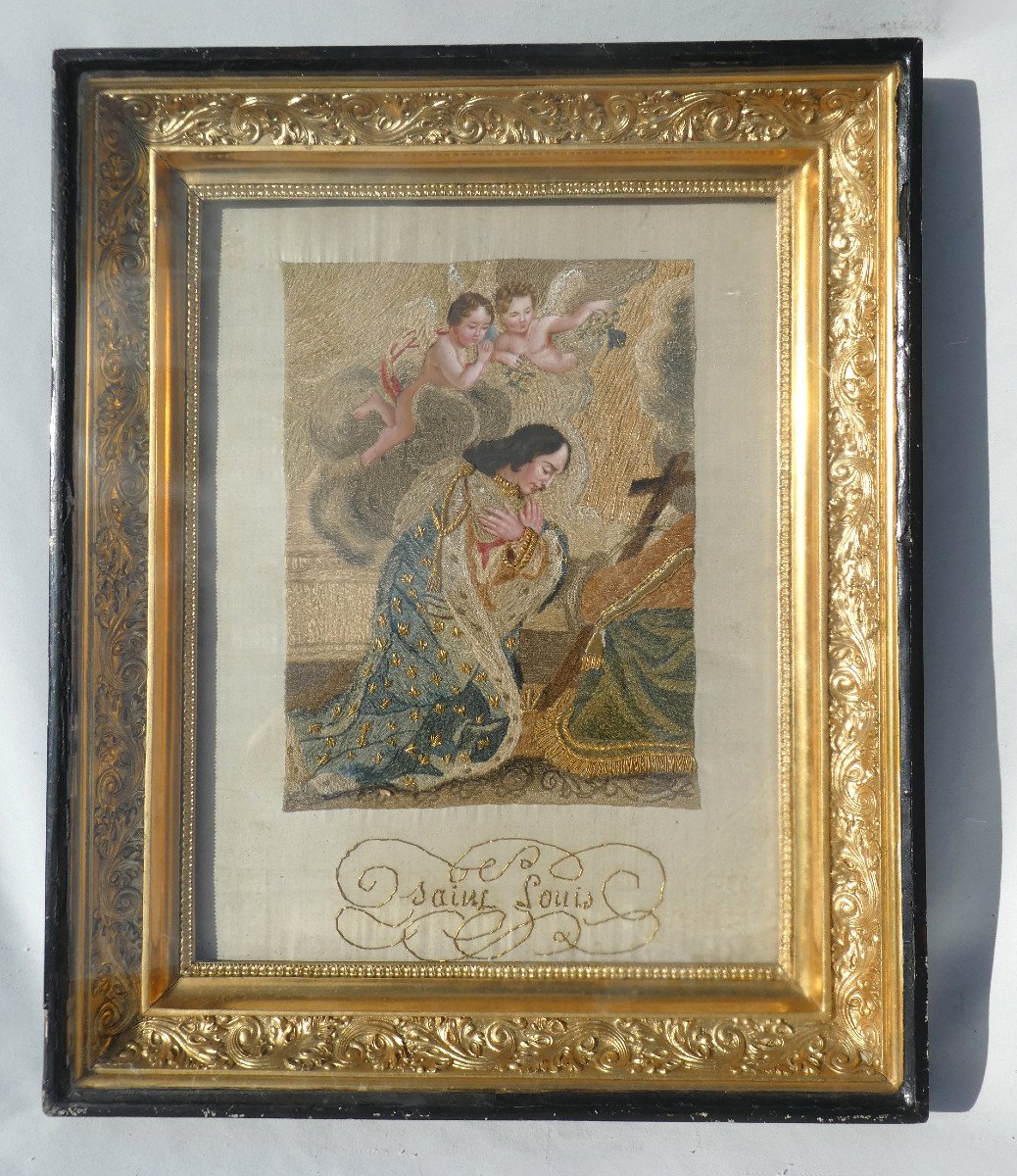 Large Silk Embroidery, Needle Painting, Napoleon III Period, Gouache, Saint Louis 19th Century-photo-2