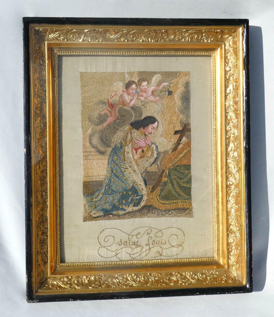 Large Silk Embroidery, Needle Painting, Napoleon III Period, Gouache, Saint Louis 19th Century