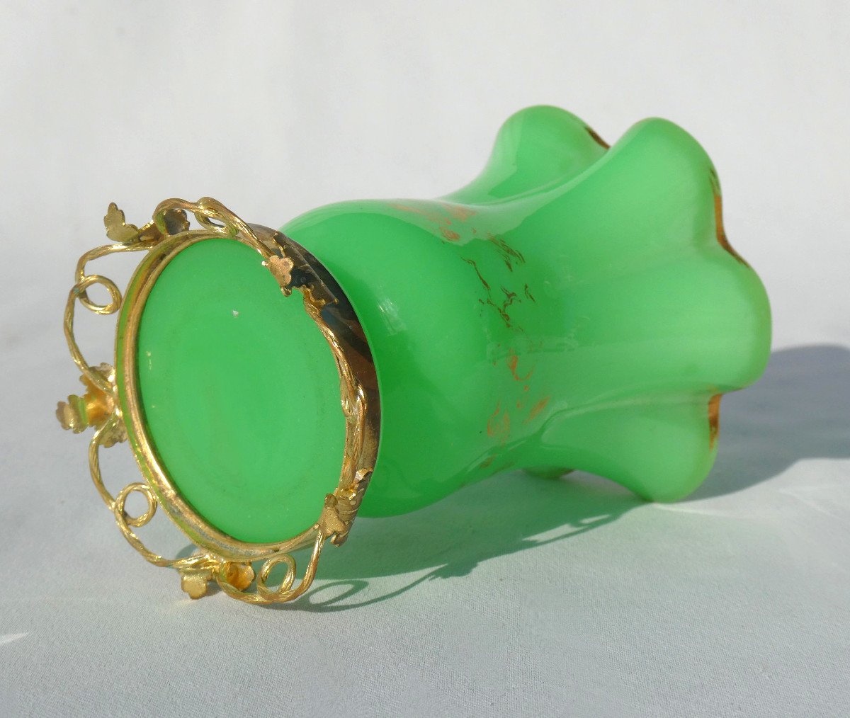 Green Opaline Vase, Napoleon III Period, Gilded Brass Frame, Green, 19th Century, Tealight Holder-photo-2