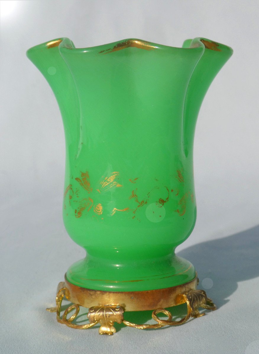 Green Opaline Vase, Napoleon III Period, Gilded Brass Frame, Green, 19th Century, Tealight Holder