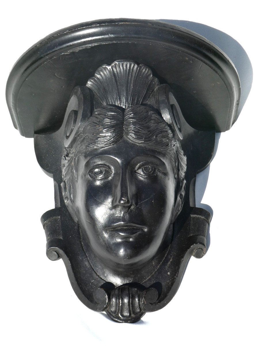 Large Wall Console, Woman's Head, Napoleon III Period, Blackened Wood; 19th Century Caryatid-photo-2