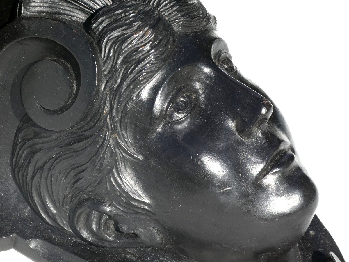 Large Wall Console, Woman's Head, Napoleon III Period, Blackened Wood; 19th Century Caryatid-photo-3