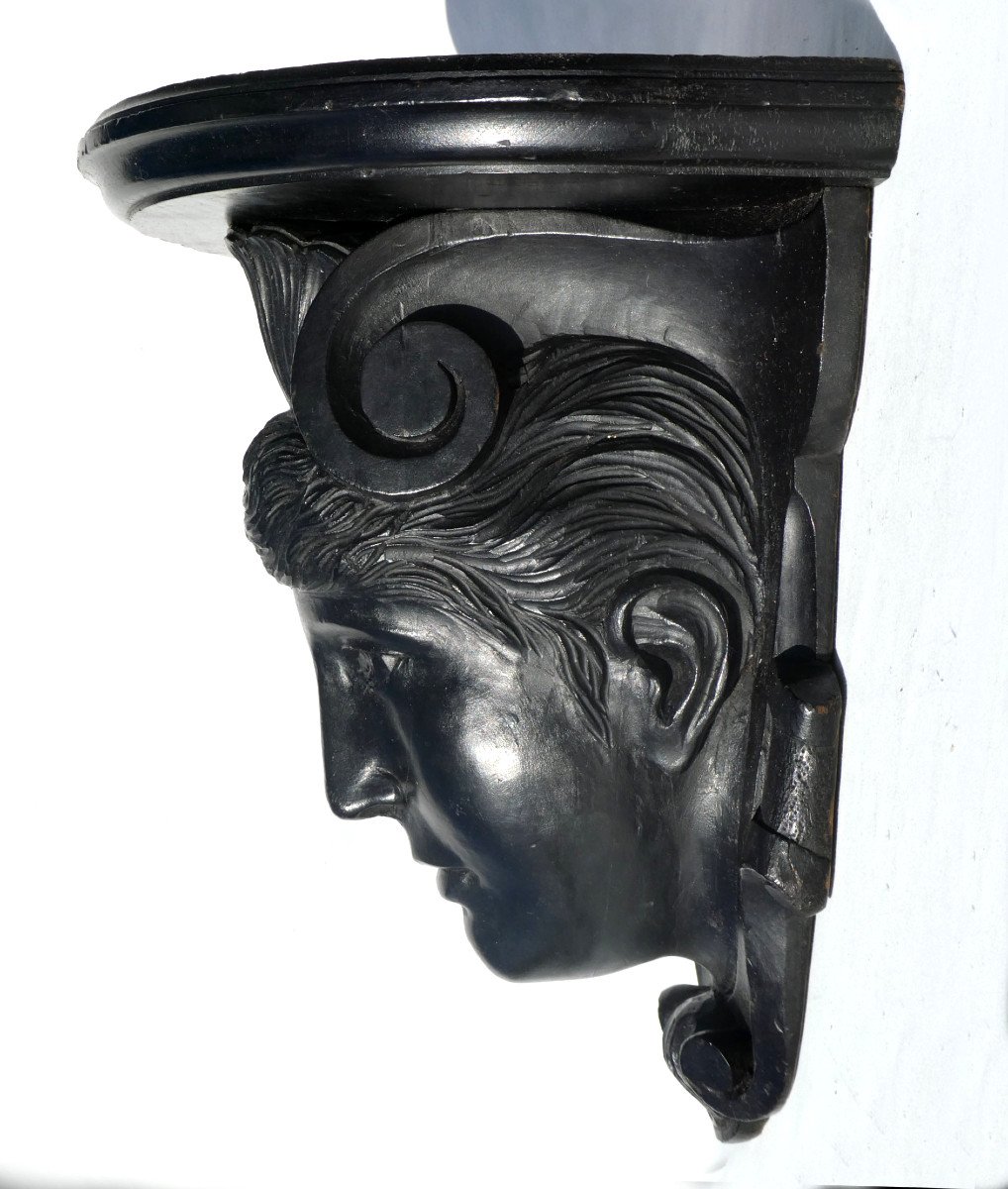 Large Wall Console, Woman's Head, Napoleon III Period, Blackened Wood; 19th Century Caryatid-photo-4