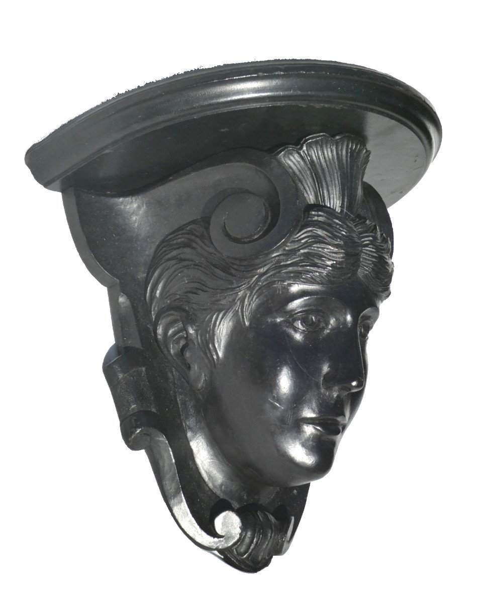 Large Wall Console, Woman's Head, Napoleon III Period, Blackened Wood; 19th Century Caryatid